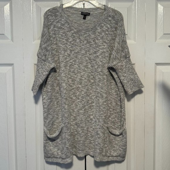 Express Lightweight Oversized Knit Short Sleeved Light Gray Sweater Size M/L EUC - Picture 1 of 6